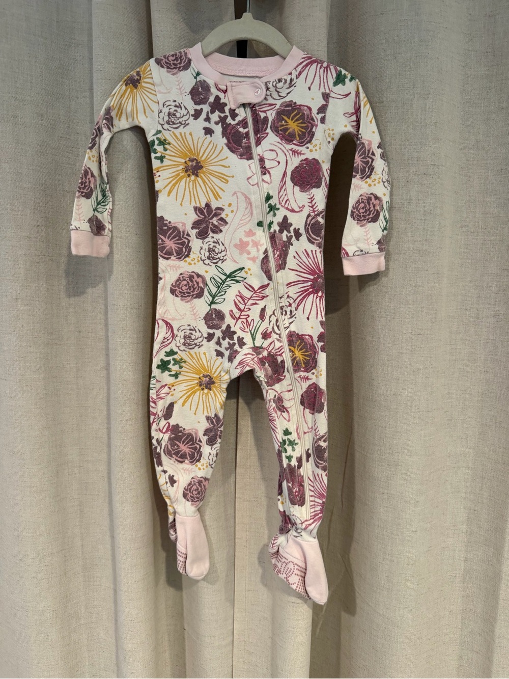 Burt's Bees Baby Pink Purple Floral Zipper Footed One-Piece Organic Cotton 12M